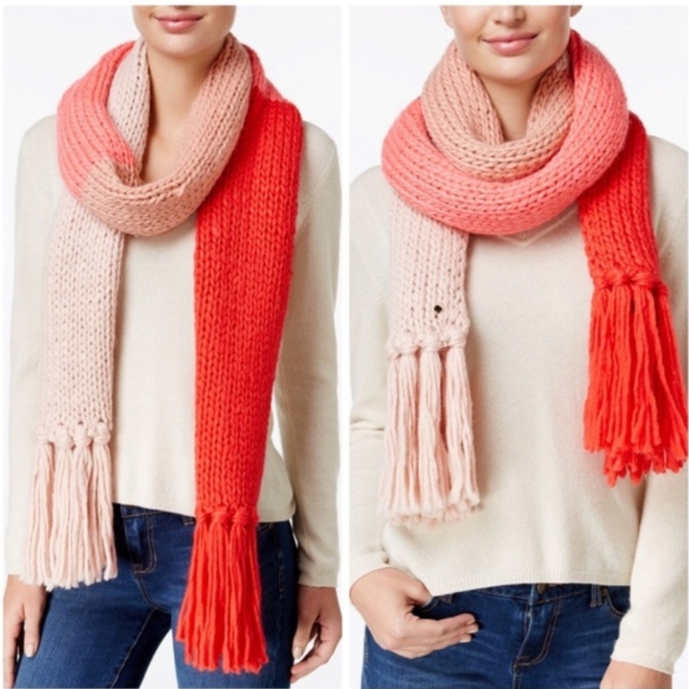 NWT Kate Spade Handknit Colorblock Pink Scarf Tassel